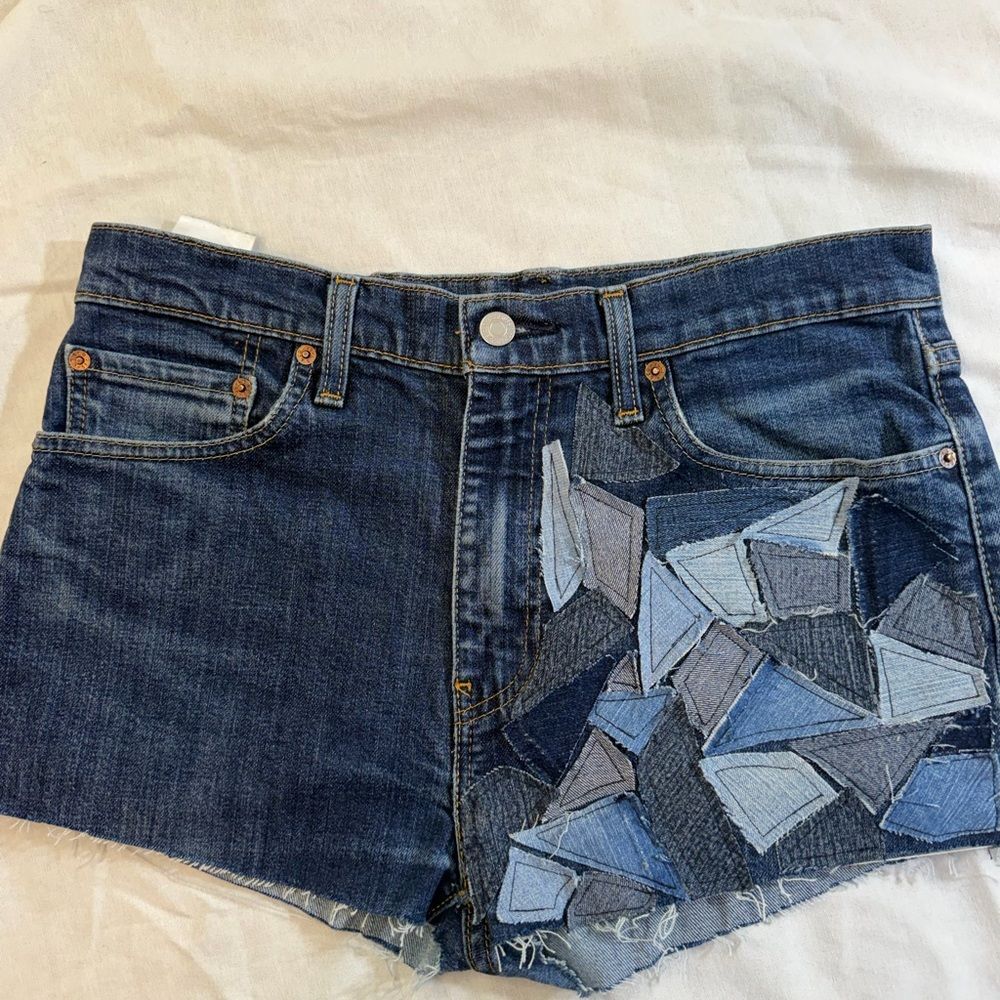 Vintage upcycled Levi's Dark Blue Denim Patchwork Cutoff Shorts size 33